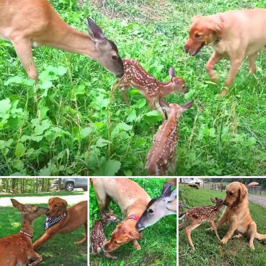 The golden retriever shared an incredible friendship with the deer for 11 years and this is the first time the mother introduced the cute twin fawns to him.video